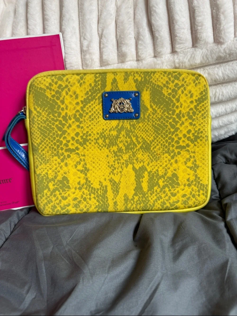 Juicy Couture Yellow Snakeskin-Print Wristlet with Blue Trim